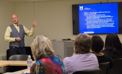 Ploutz-Snyder leading a presentation on grant proposals