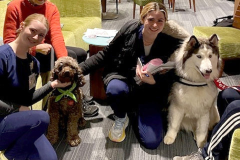 Students posting with Therapaws dogs.